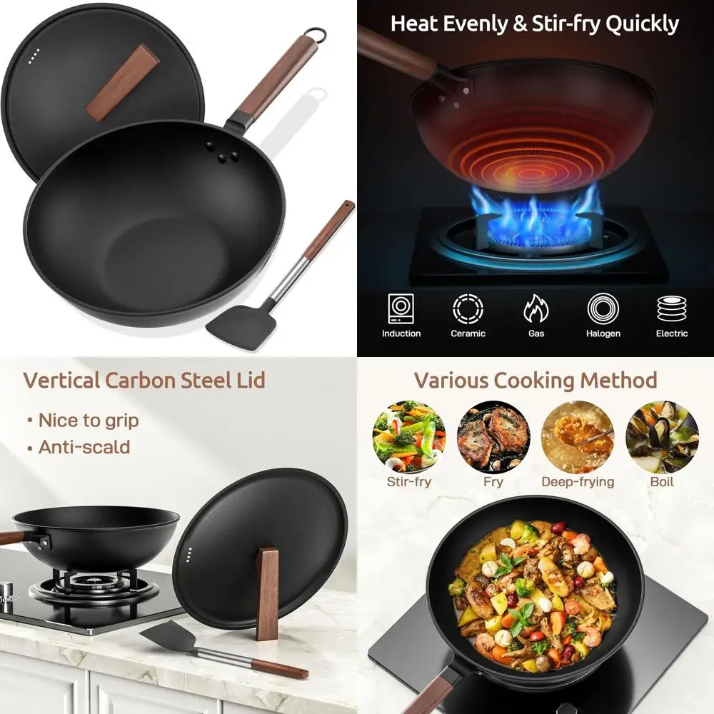 

13 Pre-Seasoned Carbon Steel Wok with Lid & Spatula, Non-Stick, Flat Bottom for Stovetop Cooking