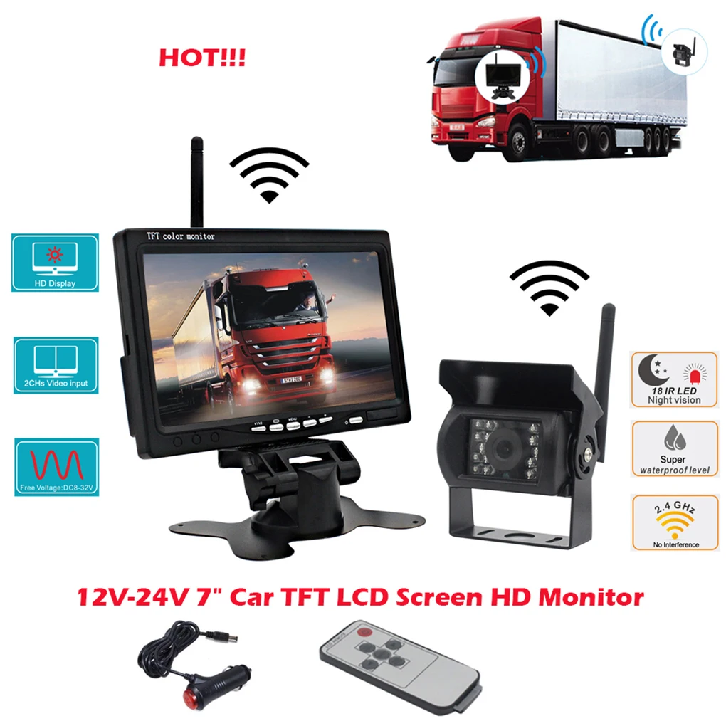 Backup Camera Portable Wireless 6W 7-inch Screen Remote Control Wide Angle Automobile RV Trailer Rear View Camera Recorder
