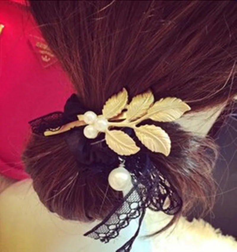 Fresh Wind Sen Department Of Pearl Flower Four Small Hairpin Side Folder Retro Golden Leaf Leaves Hairpin Side Folder