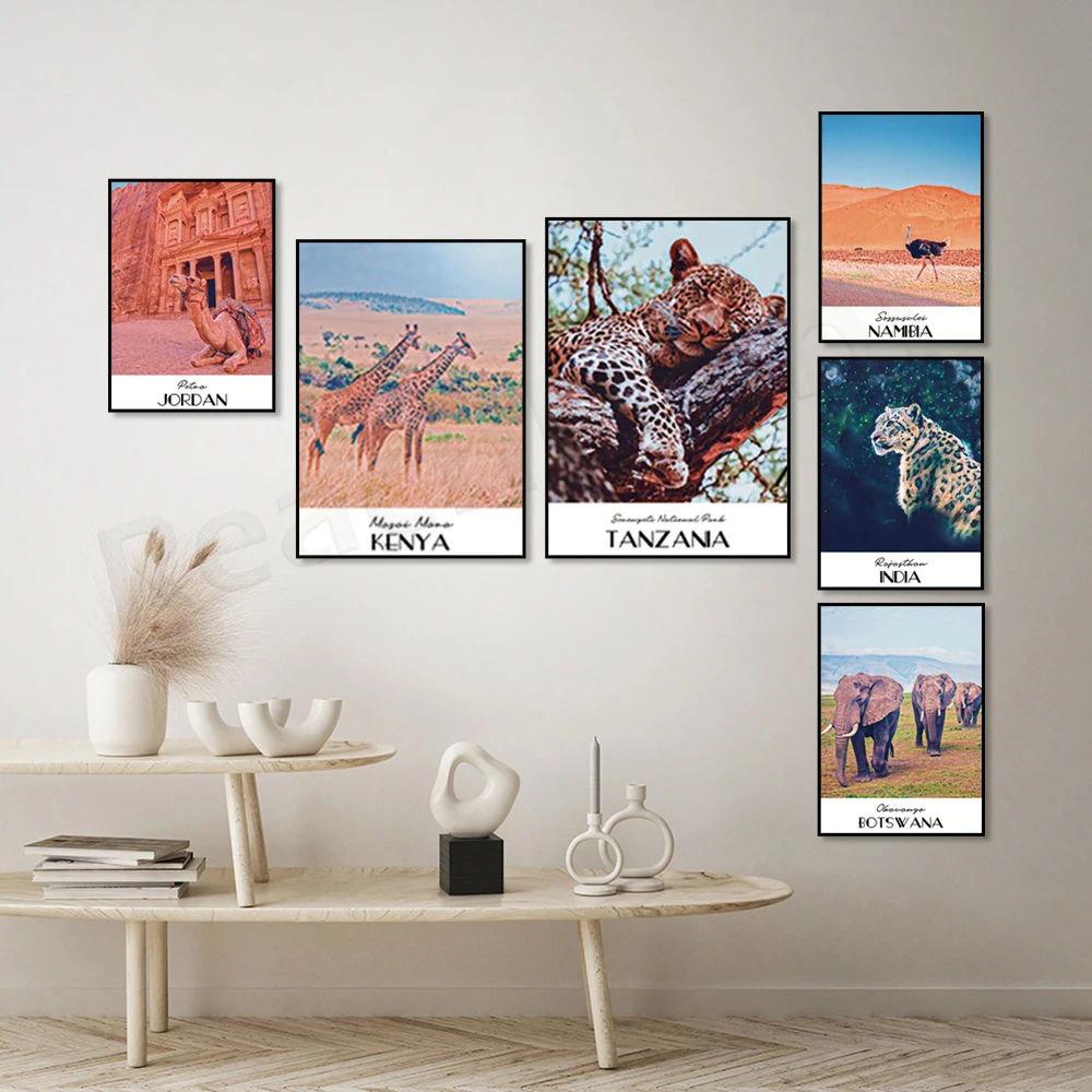 Kenya - Masai Mara, Botswana - Okavango, Tanzania - Serengeti, India - Rajasthan, Namibia - Sossusulei, Petra travel poster art