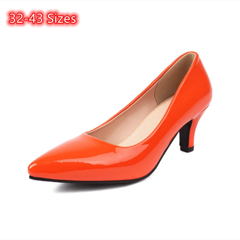 Lady Kitten Heels Orange Black And White Shoes 6cm Pointy Toe Patent Leather Slip-on Dress Stilettos For Wide And Narrow Feet 43