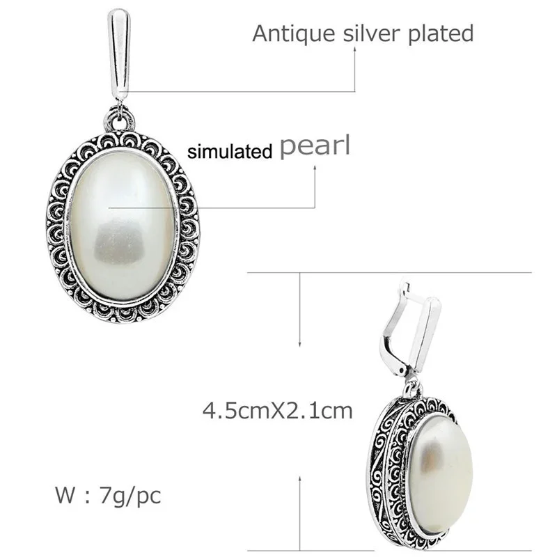 Big Oval Pearl Earrings For Women Vintage Antique Silver Plated Flower Pendant Fashion Jewelry