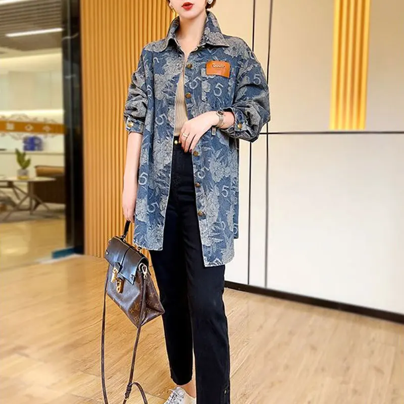 Fashion Vintage Loose Denim Shirt Female Clothing Casual Turn-down Collar Spring Autumn Commute Printed Single-breasted Blouse