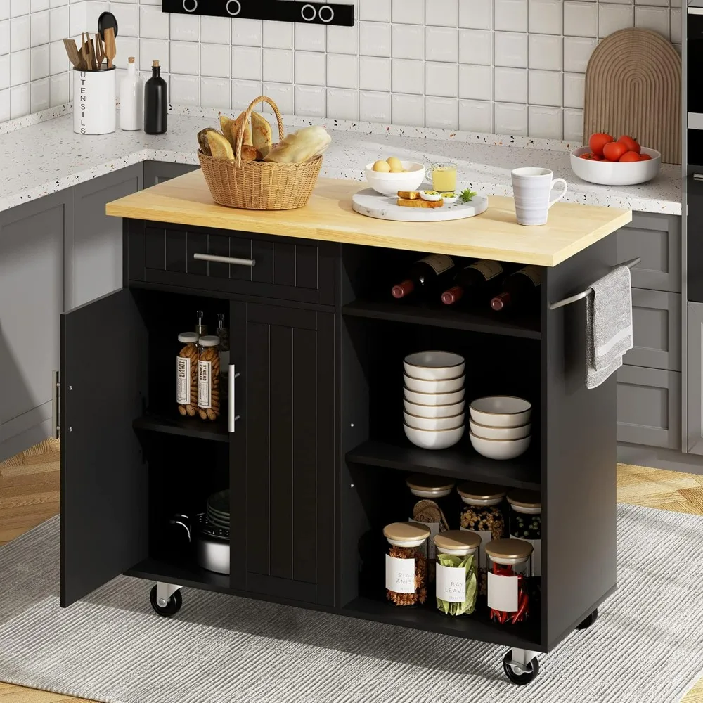 Kitchen Island on Wheels, Shelves, Cart Handle for Towel Rack or Free Mobility, 42