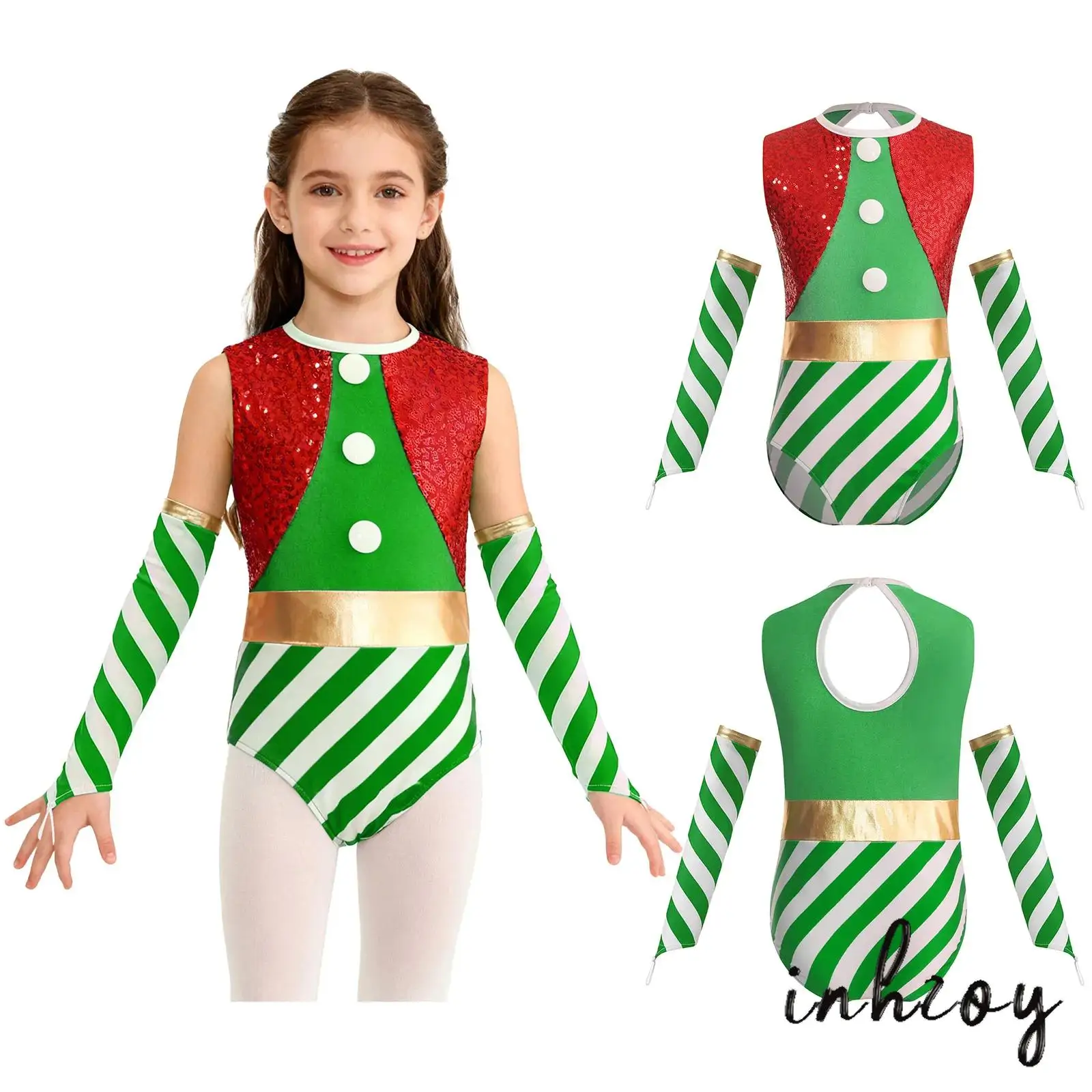 

Girl Christmas Dress Up Costume Sleeveless Hollow Back Jumpsuit Stripes Dance Leotard Gymnastic Unitard Bodysuit And Oversleeves