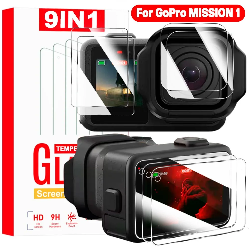 9IN1 9H Tempered Glass Camera Lens Screen Protector for GoPro Mission 1/1Pro Anti-scrach Bubble-Free Film for GoPro Mission 1Pro