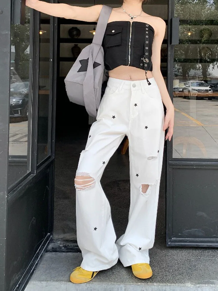 Vintage Street Jeans E-girls Star Printed Broken Hole Loose Casual Wide Leg Pants Summer All-match Kpop Gothic Trousers 2000s