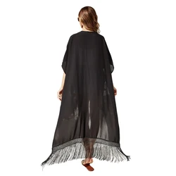 Women Sun Protection Tassel Shawl Lady Short Front Long Back Summer Cardigan Holiday Bikini Blouse Beach Cape Sexy Cloak New in