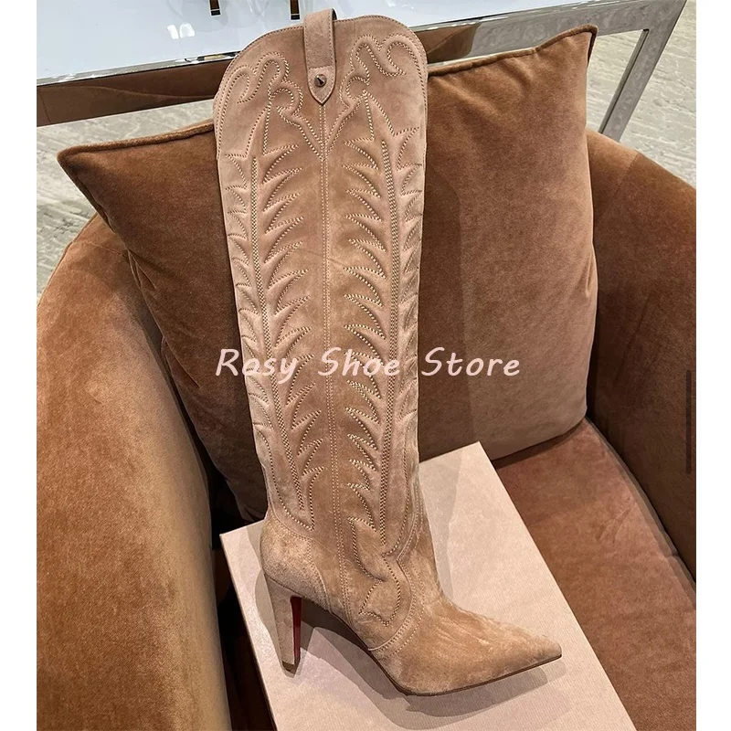 

Vintage Leather Suede Stitching Western Women's Boots Exquisite Embroidery Red Bottom Boots Medium Tube High Tube Three Colors