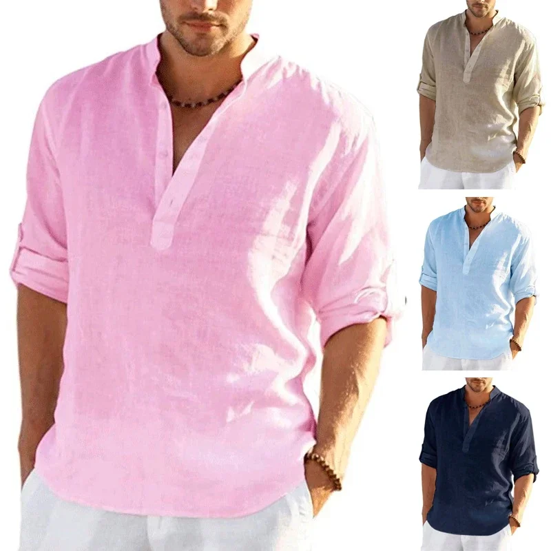 12 New Man Flax Breathable Long-sleeved Shirt Pure Color Leisure Basic Cotton and Linen for Men's Tee Shirt Jacket Linen Shirt