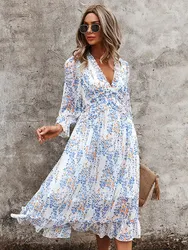 Sexy Summer Women V Neck Floral Butterfly Sleeve High Waist Print Chiffon Long Dress