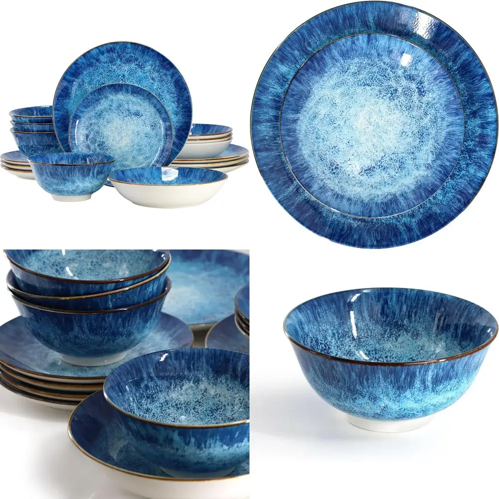 

oceanus 16 piece porcelain double bowl dinnerware set in blue, tableware service for 4