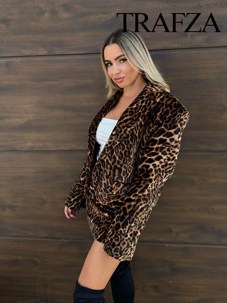 Trafza feminino 2 peça conjunto leopardo impressão lapela bolso decorar casual fino casaco curto + cintura alta zíper lateral magro mini saia mujer