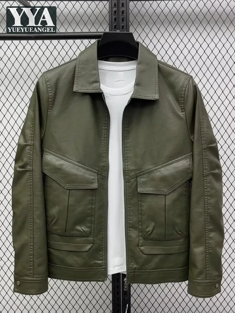 

Spring Autumn New Style Mens PU Leather Jacket Coat Turndown Collar Pocket Zipper Fashion Handsome Business Casual Outerwear