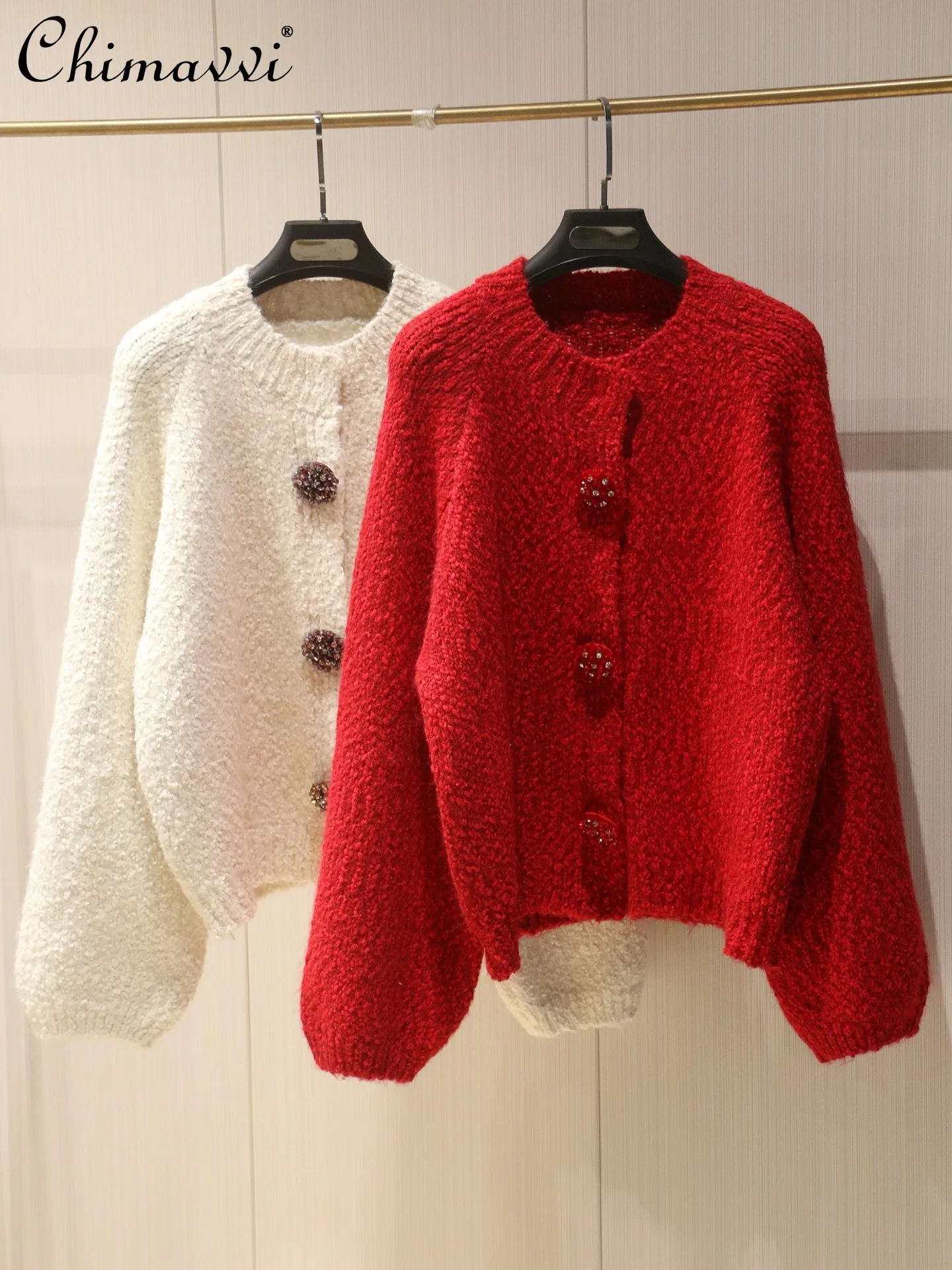 

New Year Red Knitted Cardigan High-end Fashion Lantern Sleeve Single-breasted Elegant Women's Sweater Coat 2026 Spring New Style