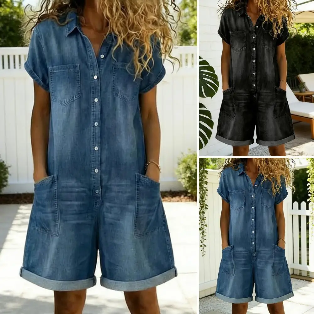 2026 Spring New Street Retro Trend Lapel Wide Leg Jumpsuit Women Fashion Elegant Design Short Sleeve Denim With Pockets