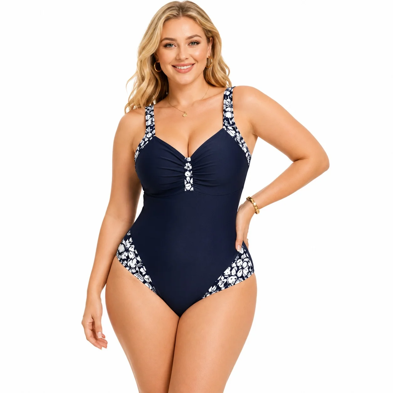 

Plus Size Navy One Piece Swimsuit Women V Neck Ruched Bust Floral Trim Swimwear with Removable Pads for Beach Pool Vacation