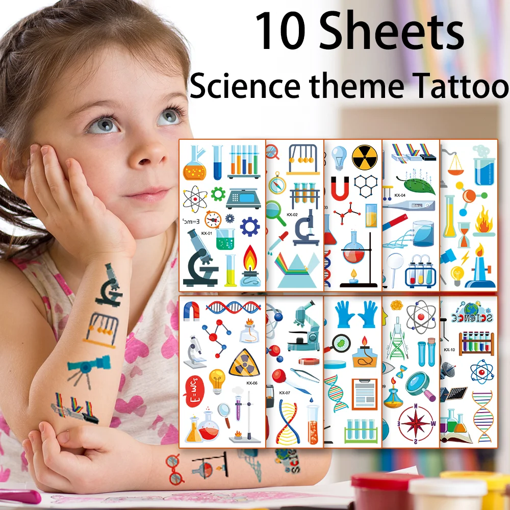 10 Sheets Science Experiment Temporary Tattoo DNA Chemical Scientist Face Body Sticker for Kids Birthday School Party Decoration