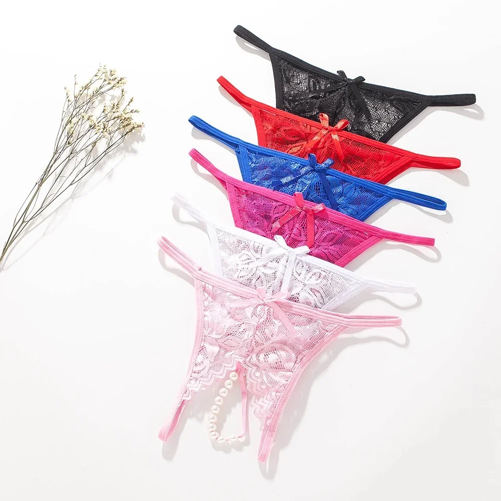 Women Hot Pearl Massage thong Sexy Panties Female Open Crotch Lace Transparent temptation g string Exotic crotchless underwear image 3