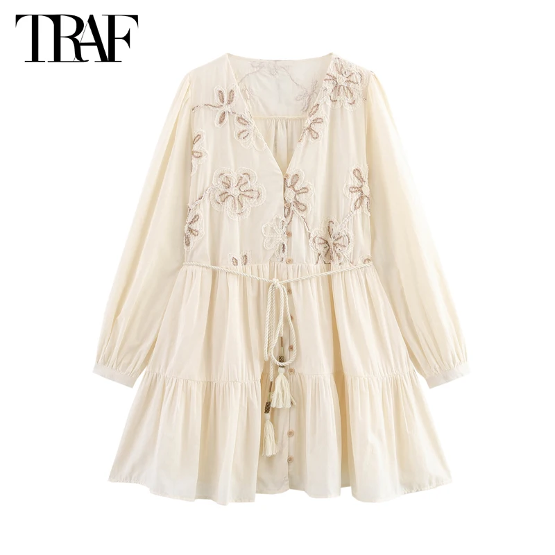 

TRAF Flower Embroidered Mini Dress Women Tassel Pleated Short Dresses for Woman 2025 Summer Beach Women's Dress Boho Dress Woman