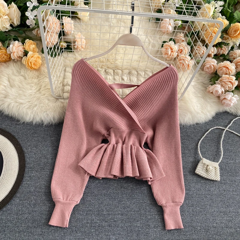 Elegant Sweet Lantern Long Sleeve V Neck Vintage Glitter Knit Pullover Korean Fashion Casual  Autumn Winter Women Knitwear Tops