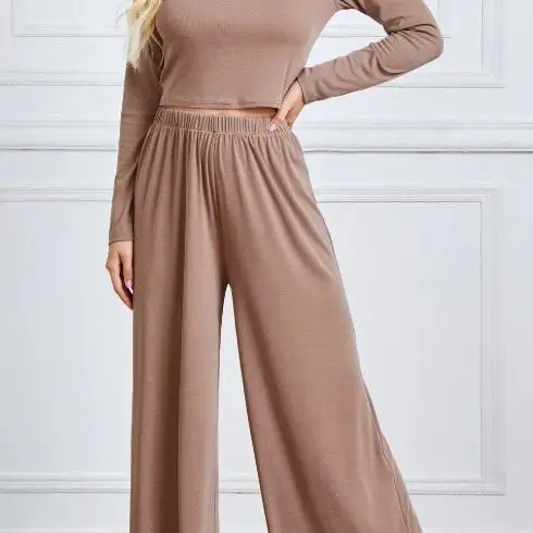 2023 Solid Color Cropped Round Neck T-shirt Top and Wide Leg Pants Casual Suit Ensemble Femme 2 Pièces