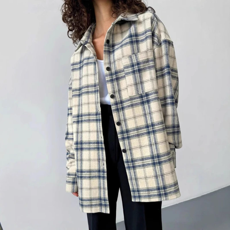 new Women's Shirt Oversized Spring Flannel Plaid Lapel Casual Shirts Versatile Button Up Long Sleeve Loose Blouse Daily Outfit