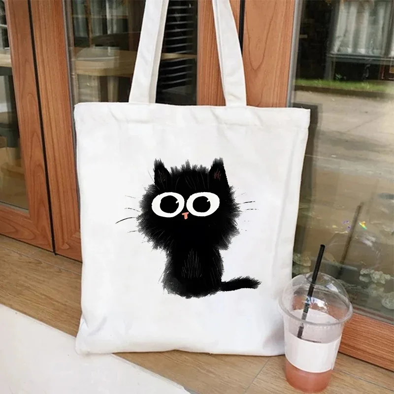 Bolso grande de hombro de lona Harajuku con estampado de gato de dabjos animados para mujer bolso de compras يوميات غير رسمية #2