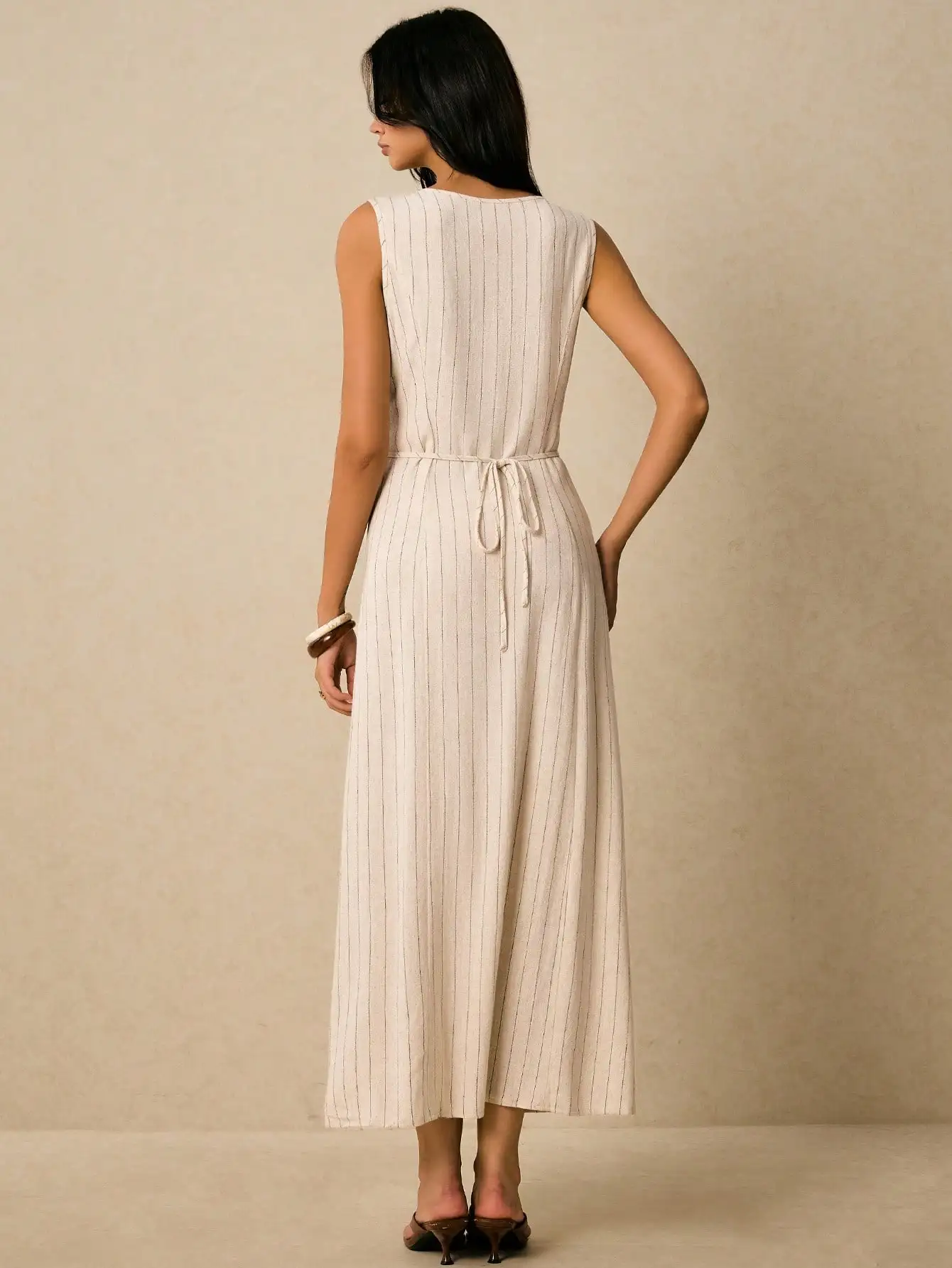 

Sleeveless V-Neck Striped Linen Maxi Dress With Front Button Detail, High Side Slit, Tie Waist Casual Boho Style