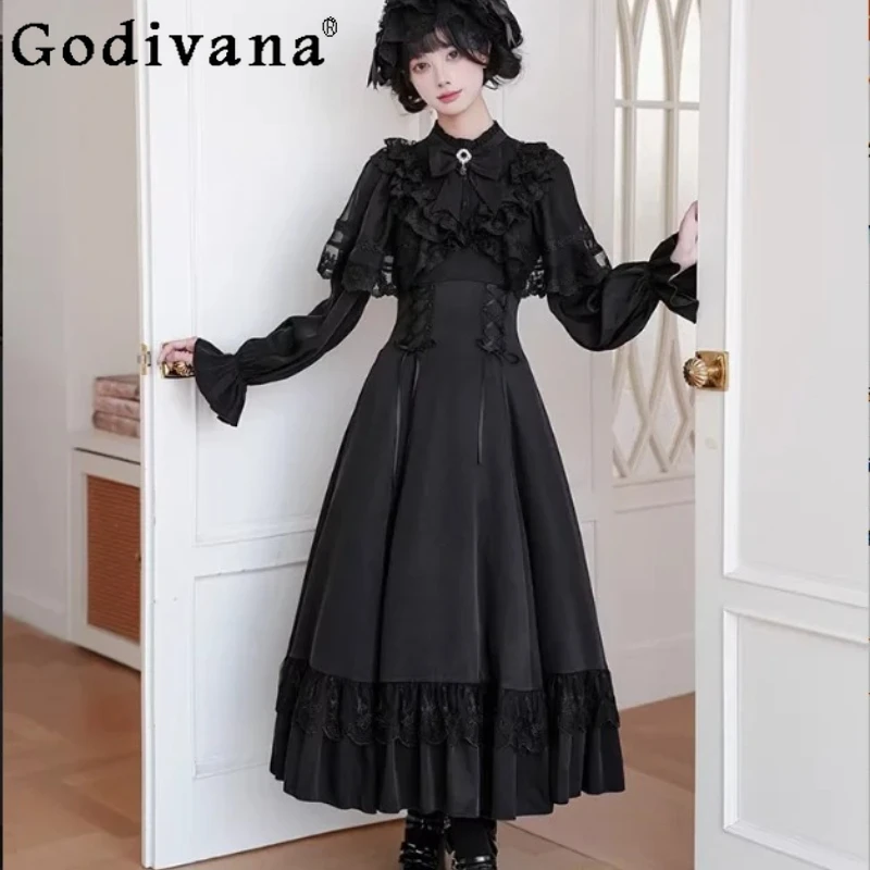 

Spring Autumn Elegant Long Sleeve Temperament Ruffles Stand Neck Dress Shawl Sweet Girl High Waist A-line Lace-Up Gothic Dresses