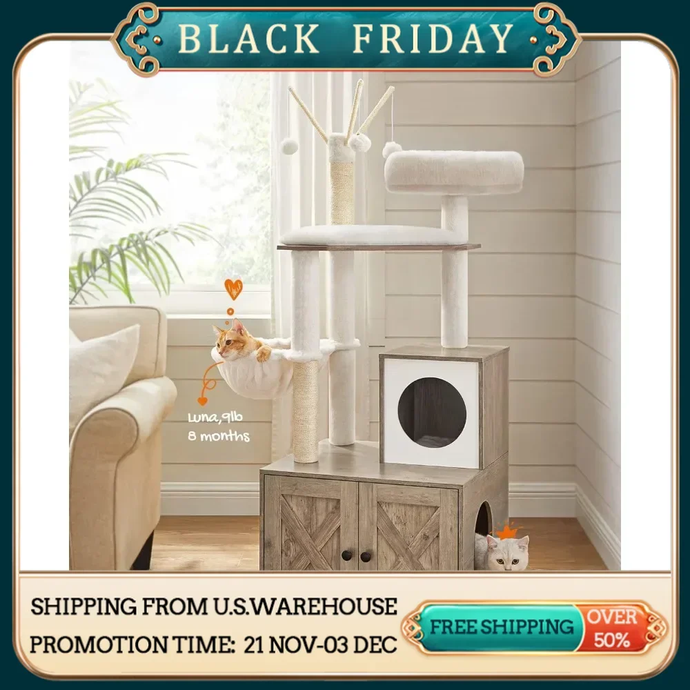 Cat Tower, 2-in-1 Pet Apartment with Scratching Pillars, Cat Sandbox, and Detachable Plunger Stick, Cat Tree