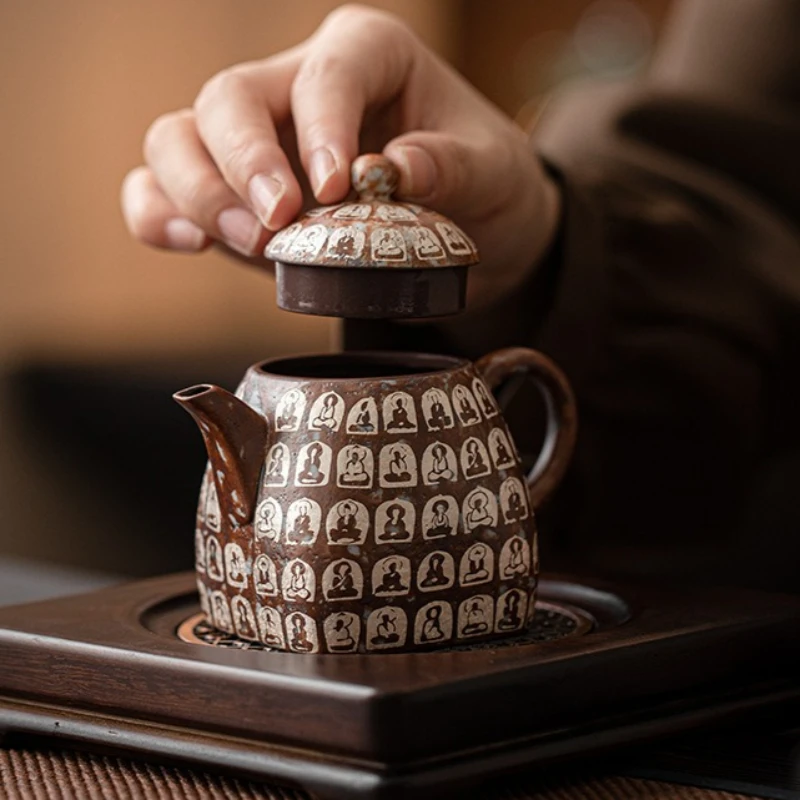Dunhuang Ten Thousand Buddhas Silver Gilded Ceramic Gongfu Tea Set Chinese Traditional Yixing Teapot Gift Home Decor