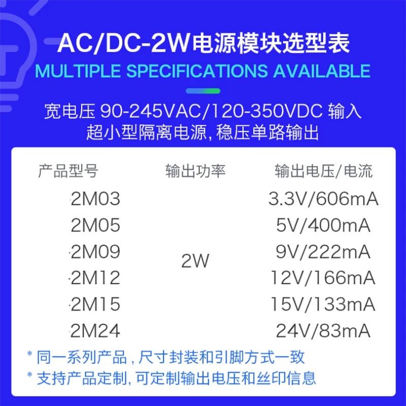 Módulo de potencia de AC-DC, reducción y estabilización de voltaje, 2M03, 2M05, 2M09, 2M12, 2M15, 2M24, 2W, 220V a 3,3 V, 5V, 9V, 12V, 15V, 24V