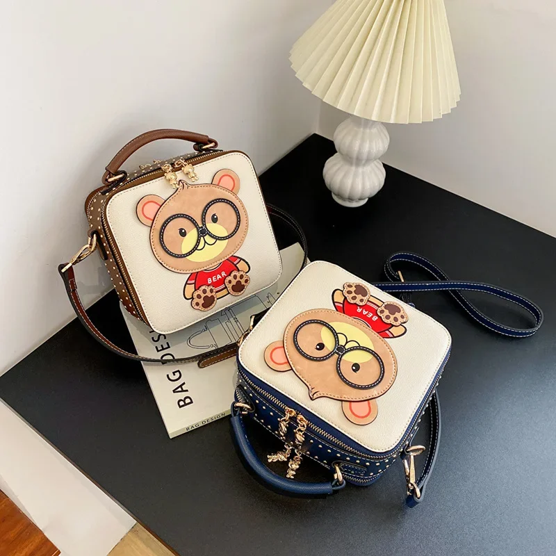 Cartoon Handbag Fashionable Crossbody Bag PU Cute Bear Pattern Simple   Portable Bag Shoulder Square Small Bag For Women Girls