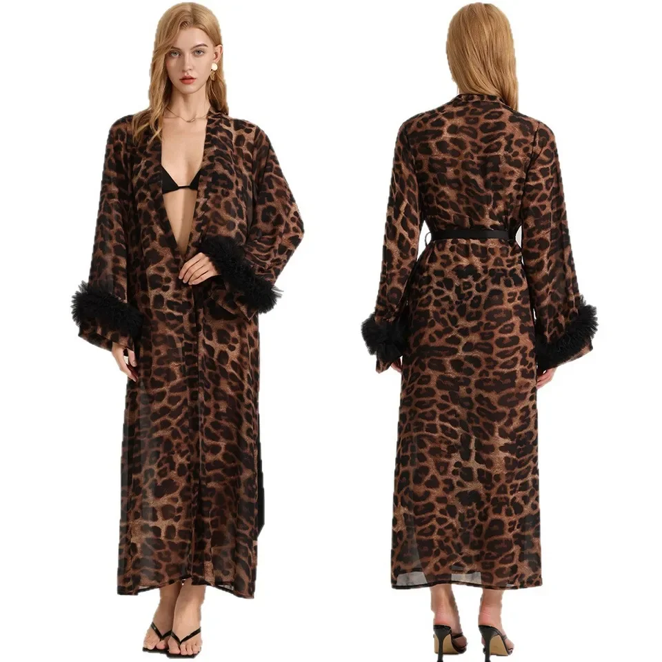 New Sexy Thin Cardigan Sleepwear for Women Summer Autumn Long Sleeved Leopard Print Morning Gown Pearl Gauze Home Wear Nightgown