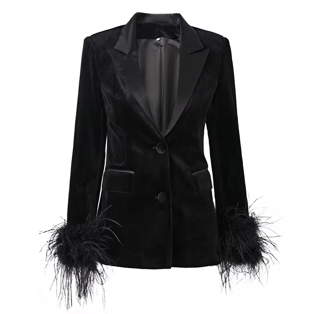 

New Autumn Winter Women Black Fluffy Feather Patchwork Fashion Classic Velvet Blazer Quality Jackets