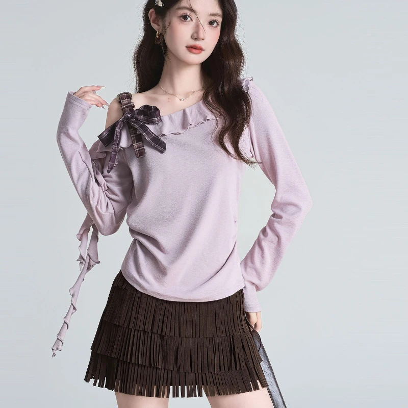 

Корейская дизайнерская рубашка с косым воротником и рюшами, женская ранняя осень, темпераментная футболка с длинными рукавами Y2k, нерегулярные клетчатые топы с бантом на бретельках