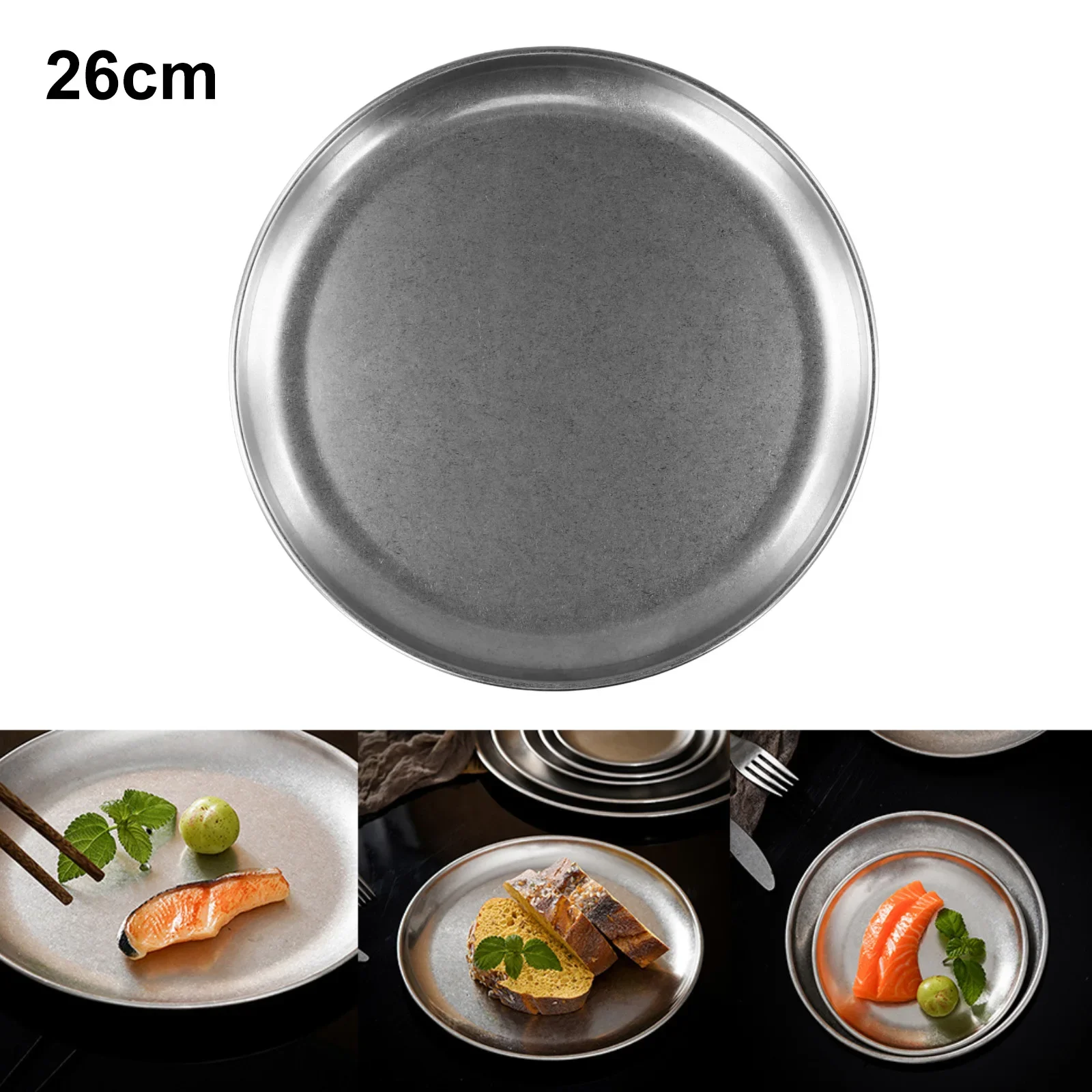 Picnic BBQ Plate 304 Stainless Steel Double-Walled Gray Multi-purpose Round 1 Pcs 14 17 20 23 26 30cm For Fruits