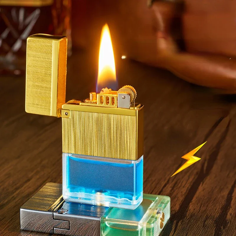 Creative Clear Fuel Tank Lighter, Metal, Open Lid Crisp, Antique Grinding Wheel Cotton Oil Lighter, Fashion Gift for Men