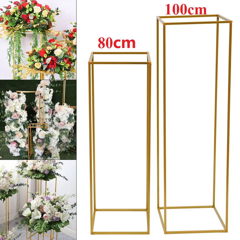 2Pcs Tabletop Flower Stands Metal Square Floral Decor Vase Floor Column Holder Gold Display Rack Road Guide for Wedding Party