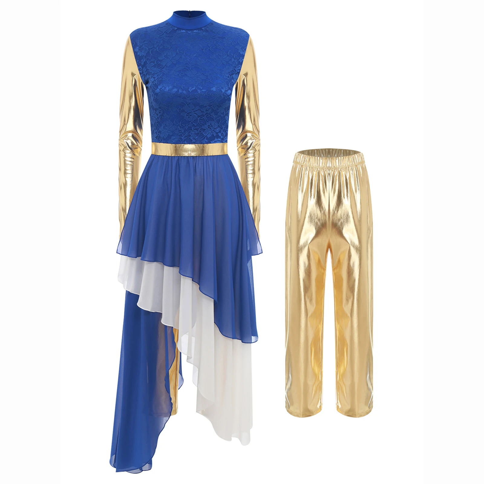 

Women's Liturgical Praise Dance Dress Long Sleeve Lace Patchwork Irregular Hem Dress+Metallic Pants Church Performance Dancewear