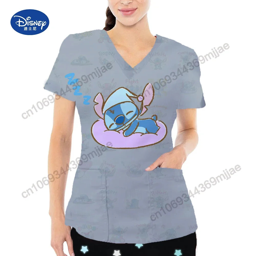 

Cartoon Women's T-shirts V-neck Pocket Clothes Female Summer Short Sleeves Tops