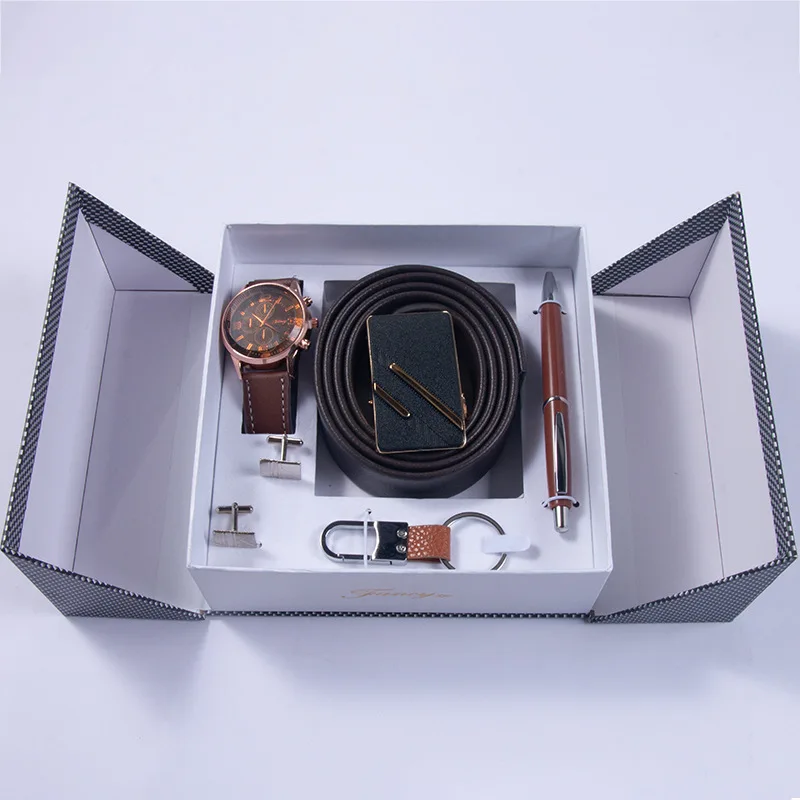 New Fashion Watch Men’s Gift Set Wallet Belt Keychain Cufflinks Ballpoint Pen Quartz Wristwatches Men Gift Box Gifts for Him