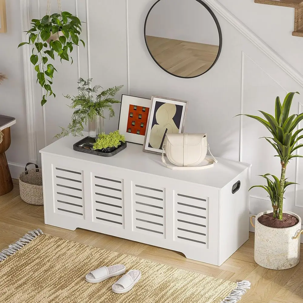 Grande cassapanca portaoggetti in legno con cerniere di sicurezza, panca portaoggetti retrò per scarpe, ribaltabile, soggiorno e camera da letto, facile montaggio, bianco