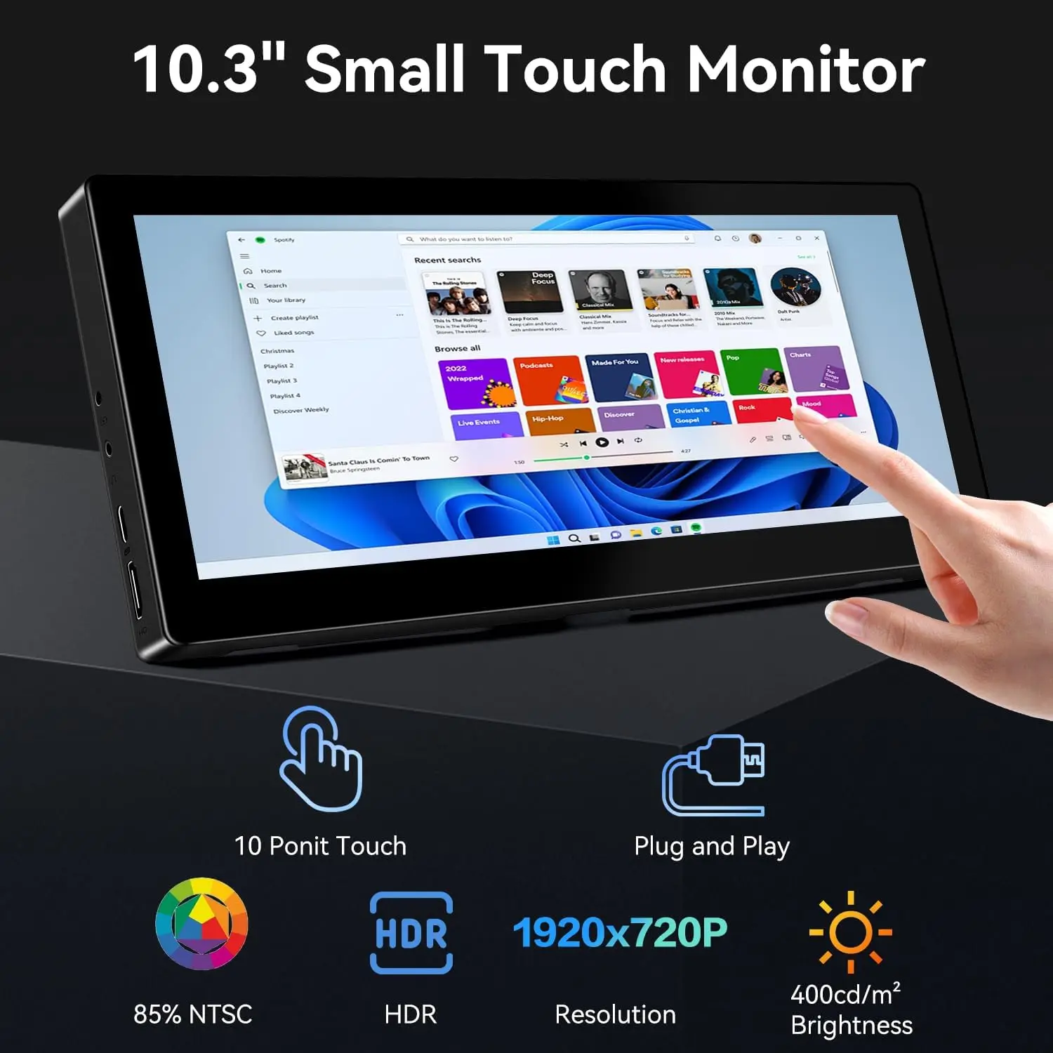 شاشة لمس صغيرة الحجم 10.3 بوصة، 400cd/m2، VESA، IPS شاشة بار 1920*720 HDMI USBC، مناسبة للكمبيوتر المحمول المحمول الذي يعمل باللمس