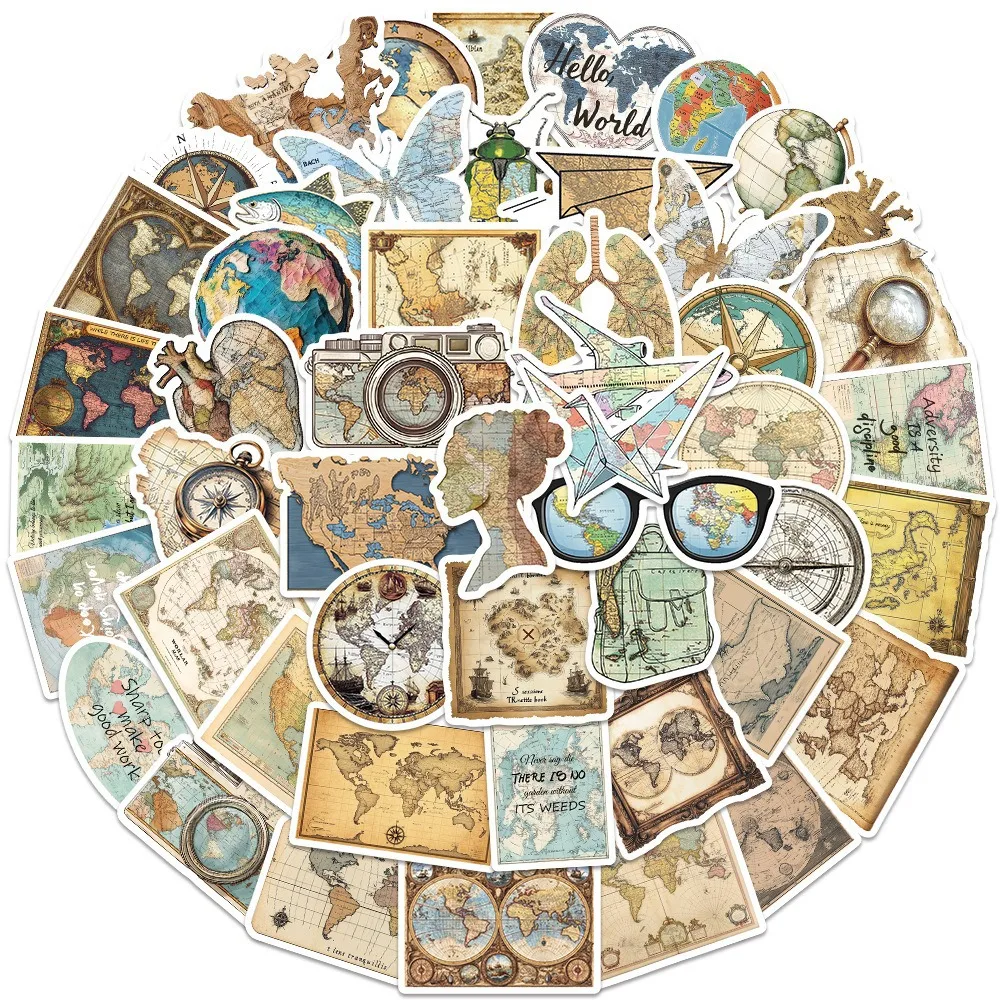 

10/50PCS Retro Map Sticker Cartoon Creative Decoration Water Cup Stationery Box Guitar Stationery Box Luggage Waterproof Decal