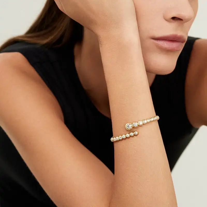 Geometric Round Ball Band Bezel Set Sparking Clear 5A Cubic Zirconia CZ Open Adjusted Bangle For Women