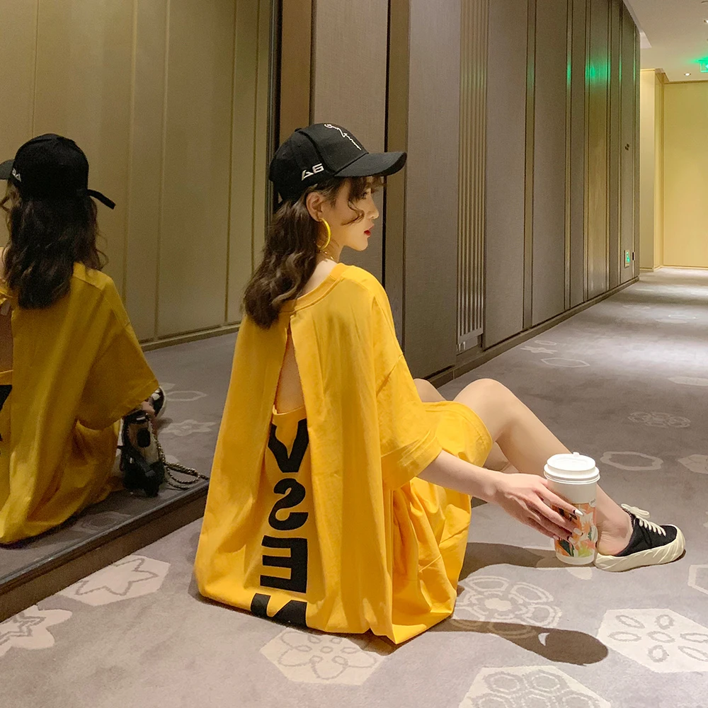 

Summer Korean Design Letter Print Hollow out Ba Mid-Length Loose Women's Spwear Casual Home Clothes round Ne ort Sve