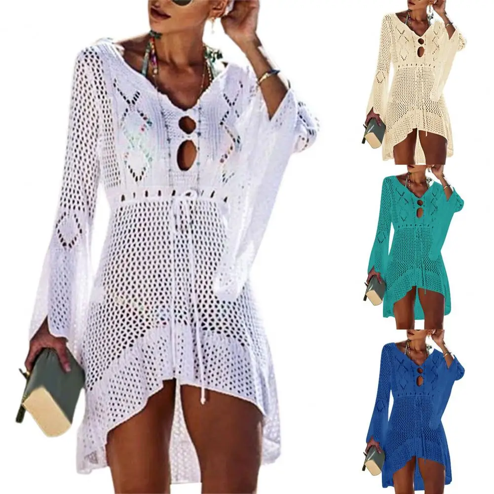 فستان شاطئ نسائي محبوك مجوف وأكمام واسعة بلون سادة لقضاء العطلات