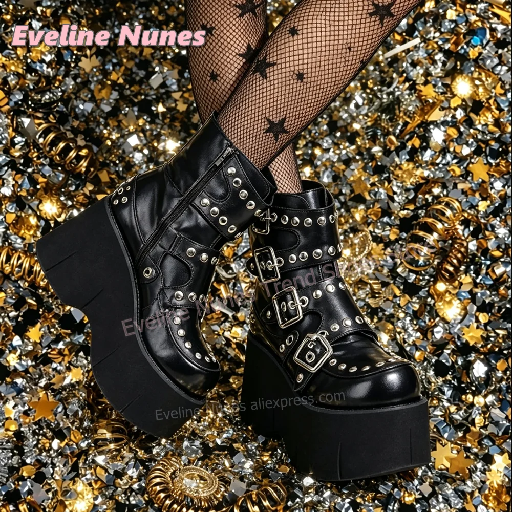 Y2K Women Wedge Platform Ankle Boots Cutout Rivet Multi Buckle Punk Goth Shoes for Rave Concert Night Club Party Wear 2026 Trend
